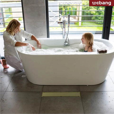 Bathroom with 12 Inch Linear Shower Drain Kit With Rectangular Floor Drain, Reversible 2 In 1 Cover, Tile Insert visible on floor