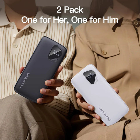 Two Pack Heavy Duty 10000mAh Portable Charger Power Bank Featuring Integrated Lightning And Usb C Cables Fast Charge Four Smartphones Simultaneously in black and white.