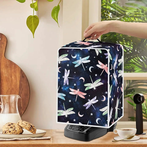 Straight Up Dragonfly Print Coffee Maker Cover Washable Heavy Duty Shield For Kitchen Small Appliances Foldable Waterproof Polyester Slipcover With Sturdy Grip Handle on countertop.