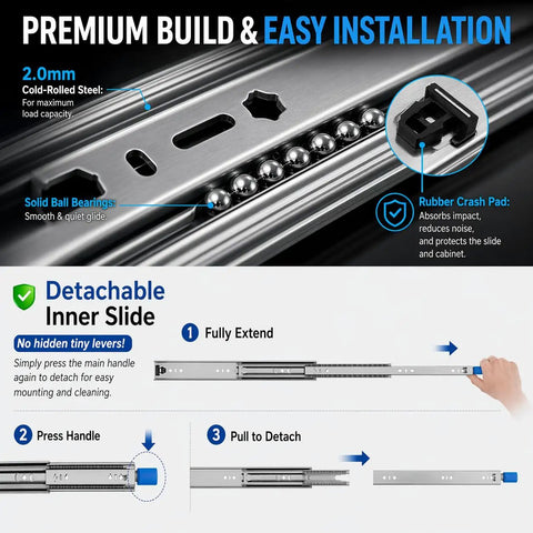Heavy Duty 20 Inch Locking Drawer Slides With One Side Release For Easy One Hand Access Wide Pull Outs Fully Locking And Fully Extending Great For Trucks RVs Vans And Mobile Storage Solutions, 2.0mm steel