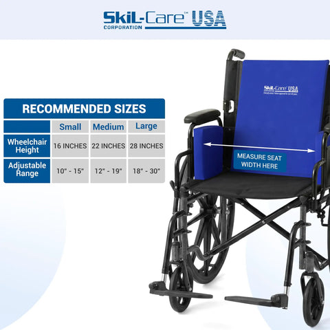 Skil Care Adjustable Wheelchair Lateral Trunk Support With Foam Side Panels displaying recommended sizes for wheelchairs.