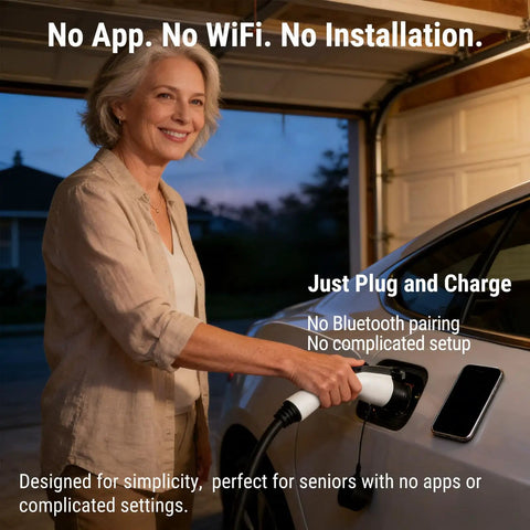 Woman using Portable Level 1 And Level 2 EV Charger, 16 Amp 110V/240V With NEMA 6-20 Plug And NEMA 5-15 Adapter in garage