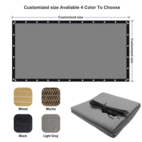 Outdoor Shade Cloth 7x13 Feet With Grommets, 90 Percent UV Block Privacy Screen, customizable sizes and colors displayed.