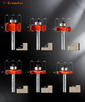 Rabbet Router Bit Set With Six Bearings And Quarter Inch Shank, Carbide Tipped Bits displayed with different cutter sizes