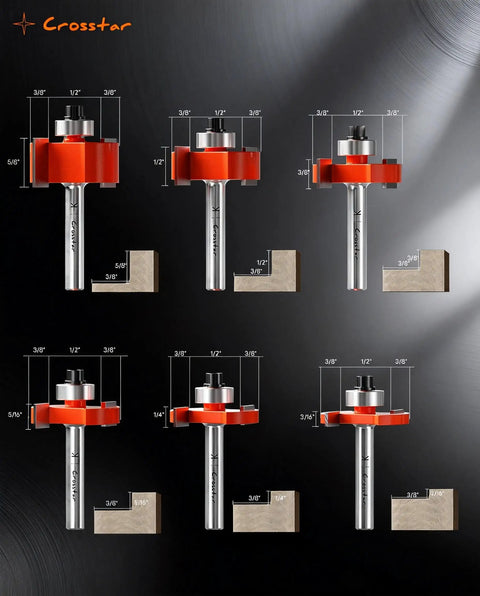 Rabbet Router Bit Set With Six Bearings And Quarter Inch Shank, Carbide Tipped Bits displayed with different cutter sizes