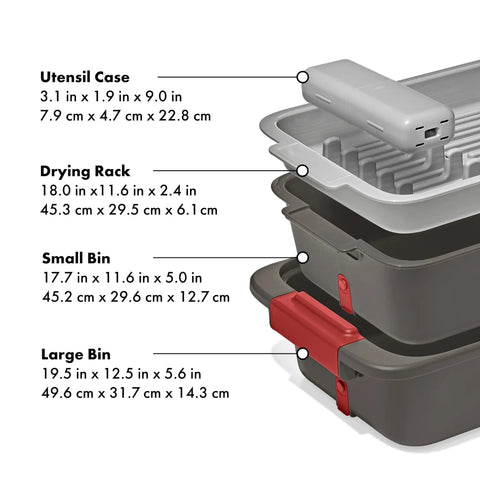 Image showing parts of the Outdoor Camp Kitchen Wash Dry And Stow System with two bins, utensil case, and drying rack dimensions.