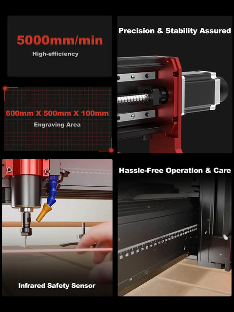 Close-up of Beefy Desktop CNC Router For Engraving And Laser Cutting All In One 600x500mm Working Area 3 Axis Machine With 500W Spindle