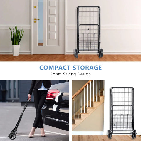 Foldable Utility Shopping Cart With Double Baskets For Grocery And Laundry, Portable Wagon Cart On Wheels, compact storage displayed