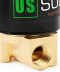 Close-up of a brass electric solenoid valve, quarter inch, 110V AC, normally closed, with corrosion-resistant Viton seal.