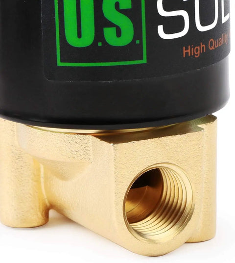 Close-up of a brass electric solenoid valve, quarter inch, 110V AC, normally closed, with corrosion-resistant Viton seal.