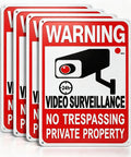Private Property No Trespassing Sign Bundle Of Rustproof Aluminum With Reflective Film For Night Visibility 24 Hour Video Surveillance Signs Ten By Seven Inch Security Signs For Homes And Businesses 4 Pack displayed