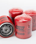 Premium Spin On Coolant Filter Four Pack For Ford And Scania Diesel Rigs shown with red filters, labeled and wrapped.