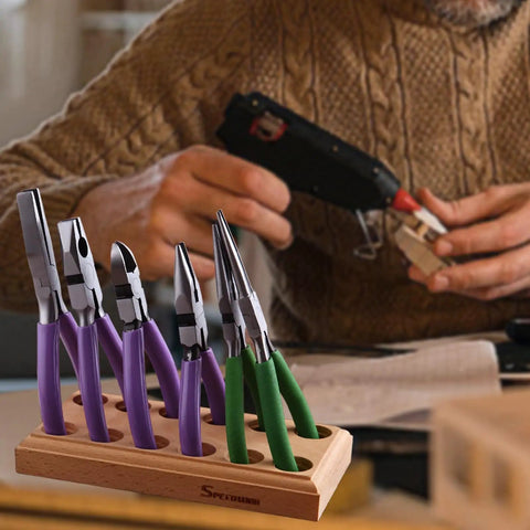 Wood Pliers Block Organizer for the Bench Holds 6 Pairs of Pliers on Workbench with DIY Craft in Background