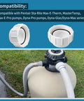 Two white PVC half-union adapters, 2-inch nominal (2.38 in ID), for pool pump/filter hose connections