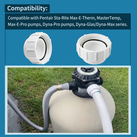 Two white PVC half-union adapters, 2-inch nominal (2.38 in ID), for pool pump/filter hose connections