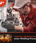 Worker operating machinery in injection molding and laser welding process, wearing safety gear in an industrial setting.