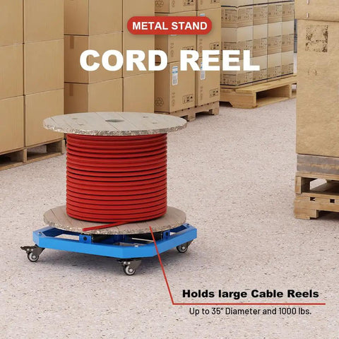 Blue cable reel turntable with locking wheels for reels up to 36 inch diameter, holding large red wire spool in warehouse.
