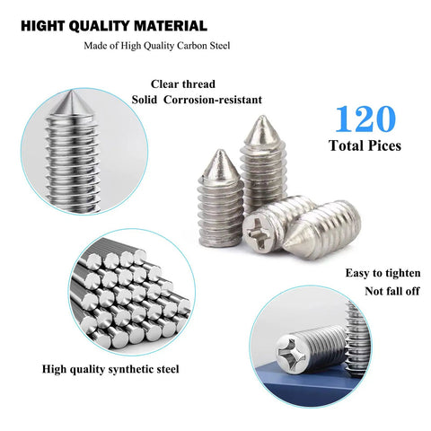Top Shelf Metric Point Screws With Smooth Nickel Coating And Phillips Heads Build Heavy Duty Leather Belt Hardware Kits Including 120 Pieces In Twelve No Fuss Sizes Paired With A Pocket Driver For Quick Purse Repairs Anytime, showcasing close-up views of screws.