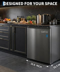 Compact Upright Freezer 1.1 Cubic Foot Stainless Steel Mini Cooler in kitchen with sleek design and kitchen appliances.