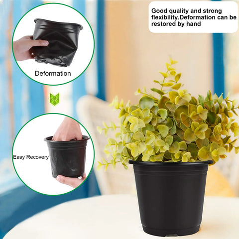 50 Pack 6 Inch Black Plastic Plant Nursery Pots With 50 Waterproof Labels showing flexibility and easy recovery with plant