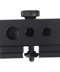 Heavy Duty Black Aluminum Igt Table Track Slider Clamp Mount With Triple Sized Ports, top view showing ports and adjustment knob.