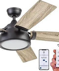 52 Inch Industrial Style Smart Ceiling Fan With Light Remote Control Dual Finish Blades Alexa And Google Assistant Compatible FansIO App Control Lit Matte Black displayed with remote and app.
