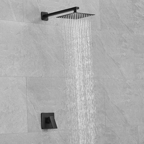 Matte Black Shower Faucet Set With Rough In Valve And Trim Kit 8 Inch Square Rain Shower Head Extra Long 14 Inch Shower Arm All Metal Durable Bathroom Shower System For Modern Homes