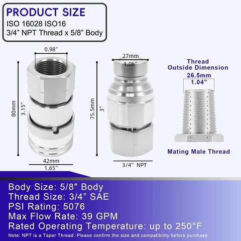 Flat Face 3/4 Inch NPT Hydraulic Quick Connect Couplers With 5/8 Inch Body ISO16028 Skid Steer Fittings dimensions diagram
