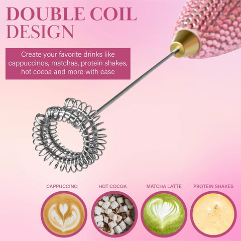 Close-up of Electric Rhinestone Handheld Milk Frother With Double Coil Whisk And Gold Stand Pink Battery Powered Portable Frother