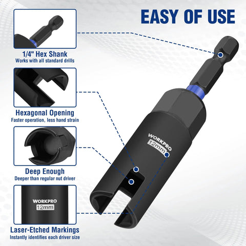 Wing Nut Driver Set Three Piece With 9mm 12mm And 15mm Bits, One Quarter Inch Hex Shank Nut Driver Socket showing 12mm bit features