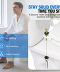 Universal Toilet Seat Bolt Kit with copper plated screws, long lock nuts, and rubber washers shown in installation diagram
