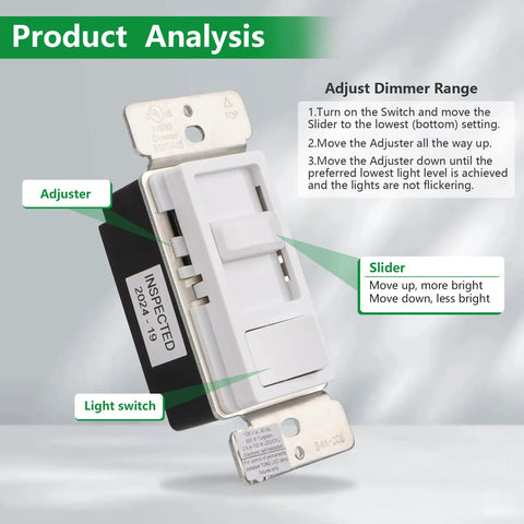 Plug And Play Easy Install Dimmer Switch For LED And CFL Bulbs Plus Traditional Incandescent And Halogen 120V 150W Dimmable 600W Max No Neutral Wire Needed UL Listed White, close-up view showing adjuster and slider features.