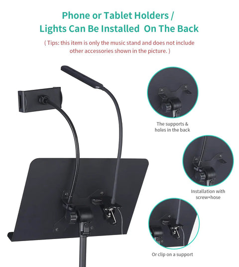 Adjustable Metal Music Stand With Phone And Tablet Holder, space-saving wall mount detail featuring support components.
