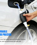 No Drama Manual Liquid Siphon Pump With Long Hose And Tough Clamps Portable Hand Squeeze Gasoline And Oil Transfer Tool in use on car.