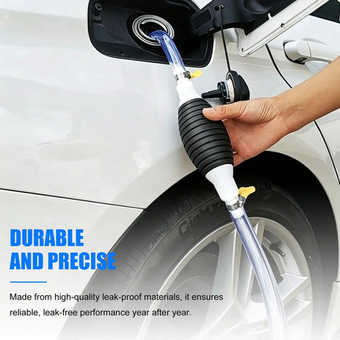 No Drama Manual Liquid Siphon Pump With Long Hose And Tough Clamps Portable Hand Squeeze Gasoline And Oil Transfer Tool in use on car.