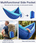 Ultra Lightweight Parachute Nylon Hammock With Tree Straps For Camping Backpacking Hiking Or Beach Adventures Single Or Double Setup 500 Lb Capacity Ultra Compact And Portable No Stand Blue with multifunctional side pocket