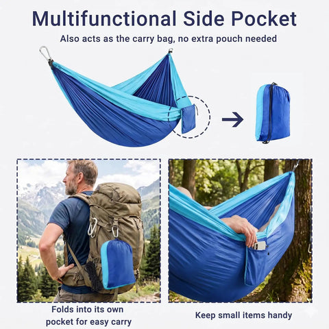Ultra Lightweight Parachute Nylon Hammock With Tree Straps For Camping Backpacking Hiking Or Beach Adventures Single Or Double Setup 500 Lb Capacity Ultra Compact And Portable No Stand Blue with multifunctional side pocket