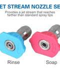 Front view of jet stream nozzle set: blue rinse and pink soap quick-connect nozzle heads on 1/4 inch adapters.