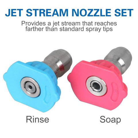 Front view of jet stream nozzle set: blue rinse and pink soap quick-connect nozzle heads on 1/4 inch adapters.