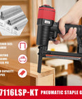 22 Gauge Three Eighths Inch Crown Pneumatic Upholstery Stapler With Long Nose, Air Stapler Kit in use on wood project