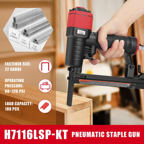 22 Gauge Three Eighths Inch Crown Pneumatic Upholstery Stapler With Long Nose, Air Stapler Kit in use on wood project