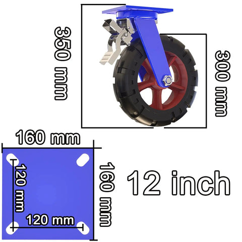 Rock Solid Heavy Duty Rubber Casters With Sure Grip Brakes Quiet Industrial Caster Wheels 2 Pack 12 inch caster wheel with locking brake.