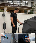 Heavy Duty Level 2 Portable EV Charger For Tesla And All Electric Vehicles Pulling 32 Amps At 7.68 Kilowatts, user connects charger to vehicle.