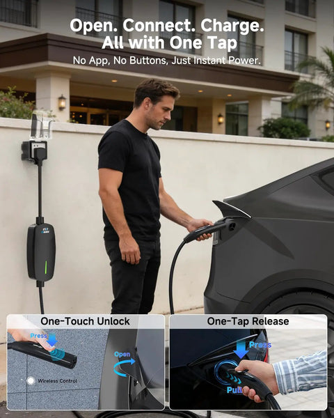 Heavy Duty Level 2 Portable EV Charger For Tesla And All Electric Vehicles Pulling 32 Amps At 7.68 Kilowatts, user connects charger to vehicle.