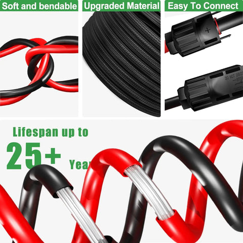 Heavy Duty 20 Foot Solar Extension Cable 10AWG IP67 Waterproof With Male And Female Connectors Twin Wire Design Upgraded Material