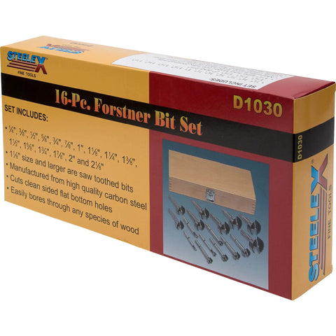 Battle Tested 16 Piece Forstner Drill Bit Set With Wood Storage Case showcasing packaging with bit sizes and details.