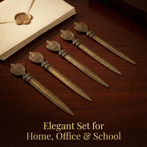 Five Piece Retro Envelope Opener Set Zinc Alloy Letter Openers For Quick Mail Opening Sword Shaped Design displayed on desk