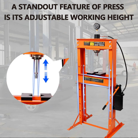 Image of Heavy Duty 30 Ton Hydraulic Shop Press With Press Plates Adjustable Height H-Frame Floor-Standing Auto Repair Press For Garages And Mechanical Workshops Beefy Steel Construction For Reliable Power And Long Lasting Use featuring adjustable height and steel construction in a workshop setting.