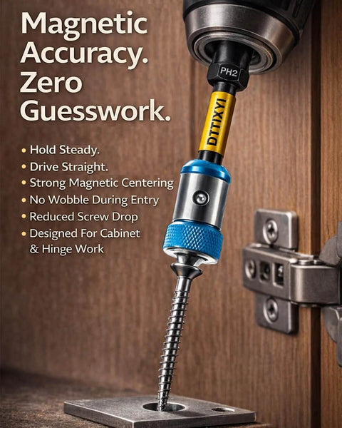 DTTIYXI magnetic screwdriver bit ring with 1/4 hex shank attached to drill, blue knurled collar, PH2 bit visible.