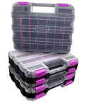 Purple 50-Compartment Double-Sided Tools Organizer Box With Removable Dividers For Small Parts, stacked storage cases